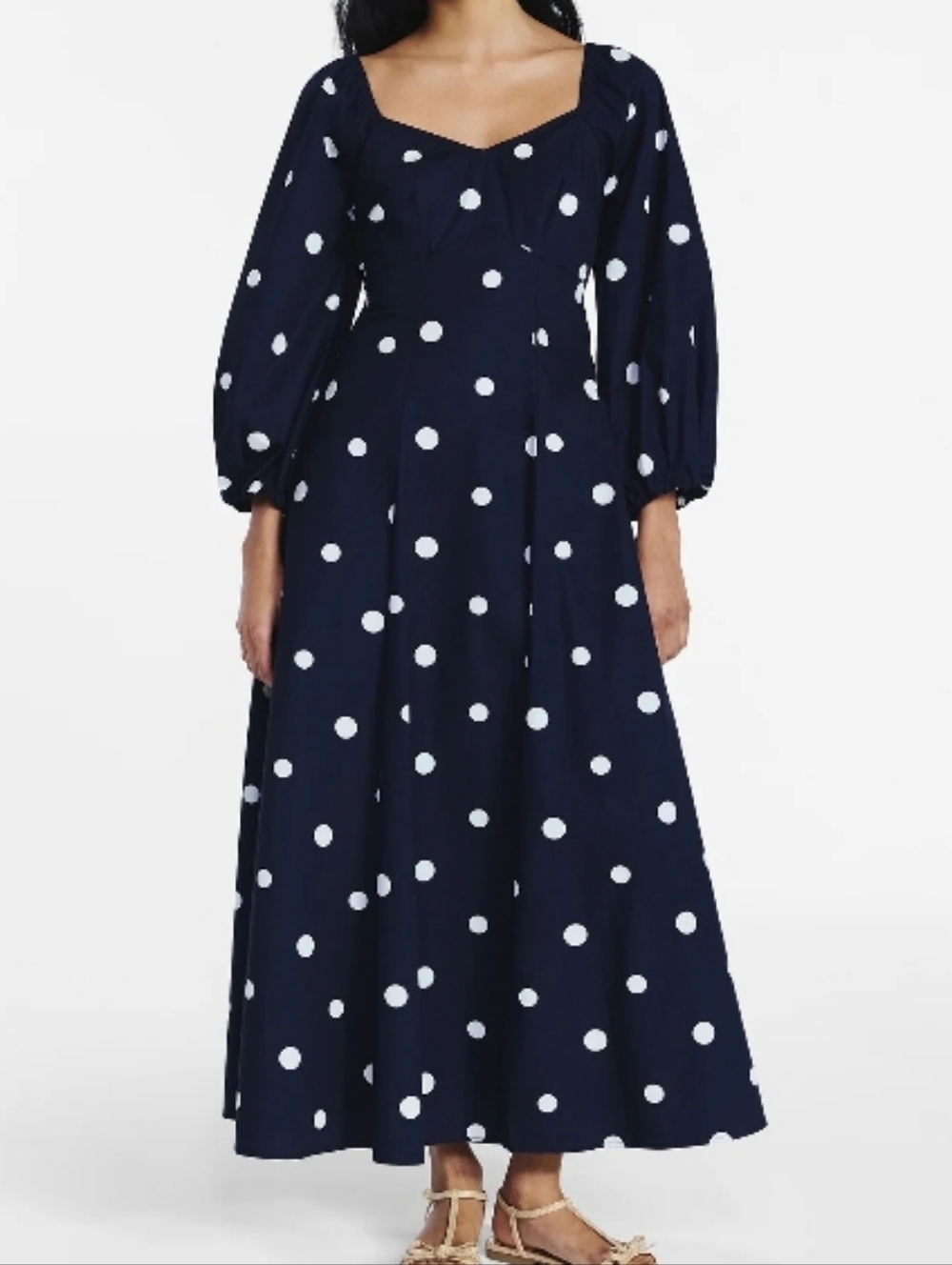 Free Assembly 100% Cotton Navy Polka Dot Maxi Dress Puff Sleeves Size Large